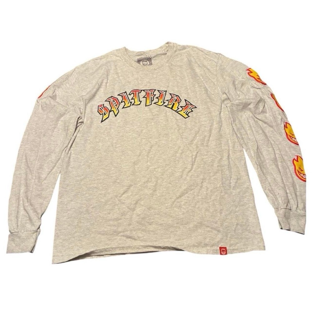 Spitfire Wheels Long Sleeve T-Shirt Mens Grey Bighead Flame Logo Skate Shirt